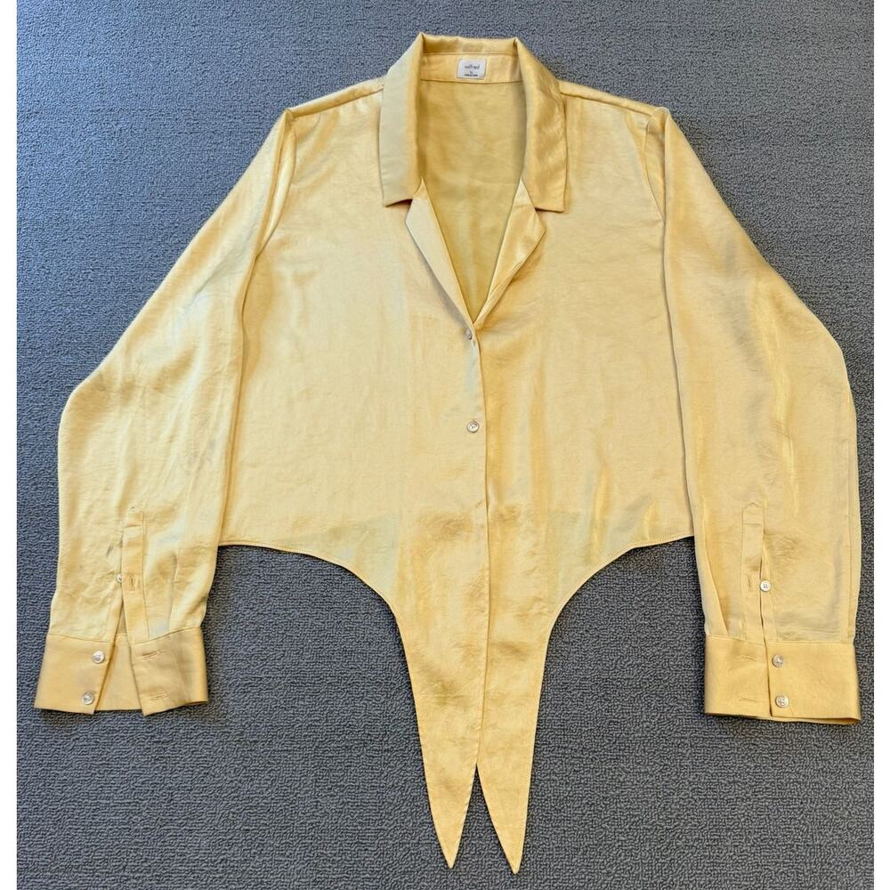 WILFRED Women's XL Yellow Tie-Front Satin Blouse with Long Sleeves and Button-Up